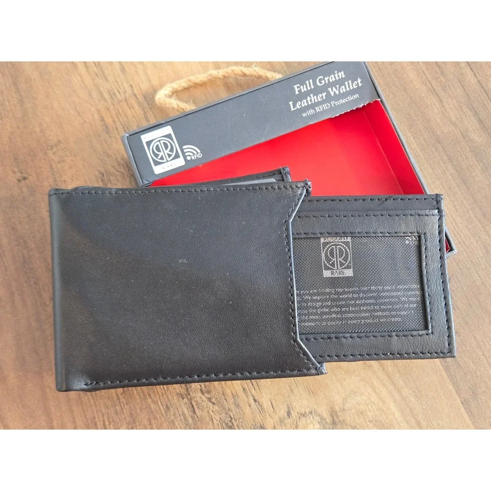 Rugged Rare Mens Black Full Grain Leather Bifold Wallet RFID Protection NEW